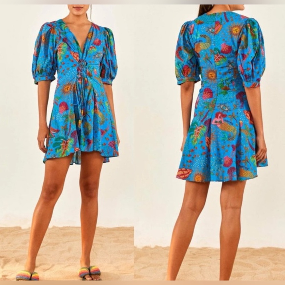 Farm Rio Ocean Stories Blue Lined Cotton Mini Dress Size Large